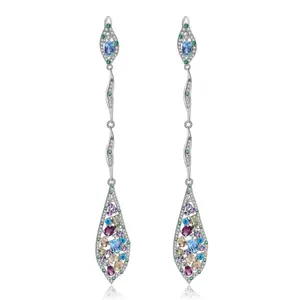 Abiding Multicolor Natural Gemstone Earring 925 Sterling Silver Long Drop Hanging Earrings For Women Party Vintage Jewelry