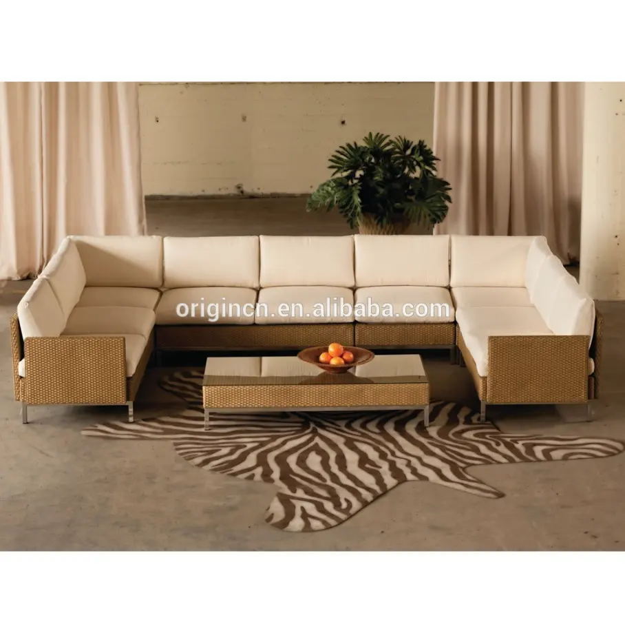 Conjunto de sofás de lujo en forma de U para terraza, porche y patio, muebles de exterior de ratán bali, color beige, 2020