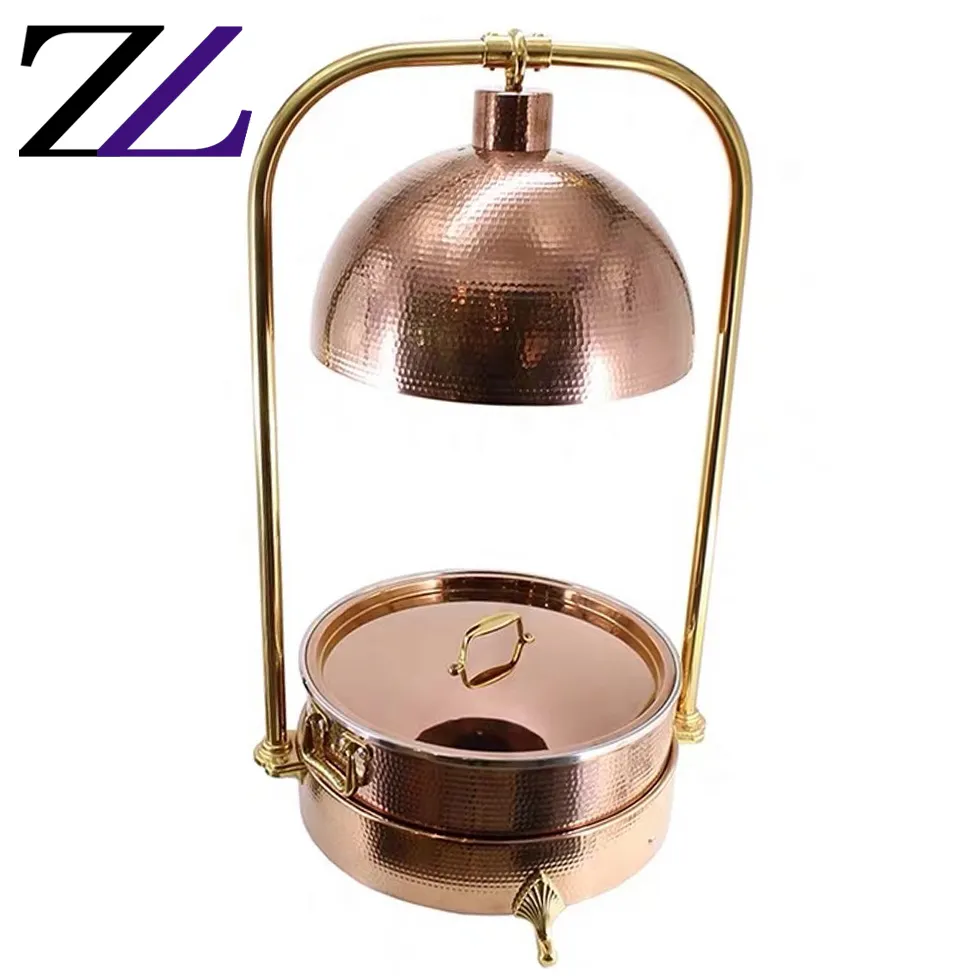 Indian restaurant equipment tableware hammered hanging cover rose gold buffet food warmer serving indian copper chafing dishes