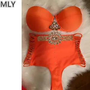 Hoge Taille Power Flower Custom Accessoire Sexy Oranje Kleur Bikini