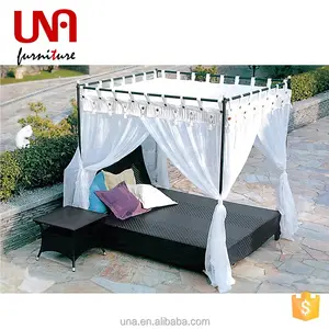 Leisure Outdoor Furniture Hotel Rattan Double Sun Bed Hotel Pool Rattan Wicker Canopy Chaise Lounge