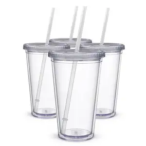 Vasos con aislamiento clásico, vasos acrílicos transparentes de doble pared de 16oz, Juego de vasos de plástico acrílico con tapa y paja