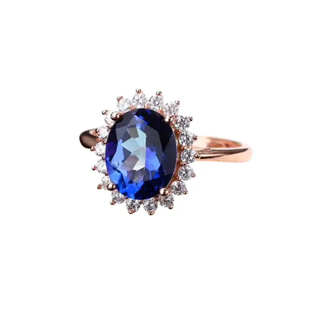 Grosir Klasik Adjustable Ukuran Zirkon Berlapis Emas 925 Perak Alami Batu Permata Blue Topaz Cincin Perhiasan untuk Wanita