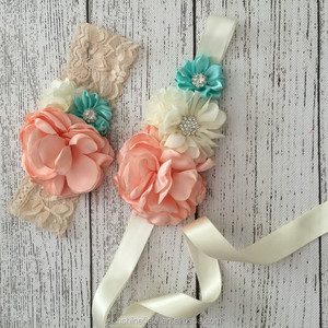 Nude menta que hace juego la venda del bebé vintage inspirado flor SASH queenbaby Headband Luxe SASH - Product Image 3