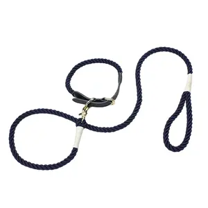 Qualidade da fábrica Personalizado Braid Rope Leash com Real corda De Couro animal de estimação Colarinho Conjunto Corda De Algodão Orgânico Ou Poliéster Pet fornecimentos conjunto