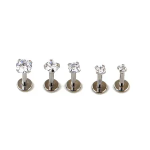 18 medidor de aço cirúrgico, interno rosqueado labret com pongue, conjunto de piercing de pedra cz labret