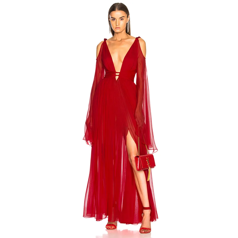 women dress robe longue Long red Chiffon party dress