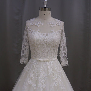 AK003 top qualité Français Dentelle col rond robe avec manches long train de mariage robe de mariage 2016 - Product Image 2