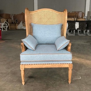 MRS WOODS <strong>French</strong> <strong>Provincial</strong> Living Room <strong>Chair</strong> Wood Wicker Rattan Woven Back Frame <strong>Upholstered</strong> Wing Back <strong>Chair</strong> - Product Image 2