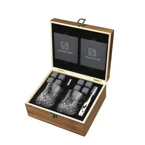 Customized Whiskey Stones Glasses Set Whisky Chilling Cubes Wine Cooling Rocks Crystal Shot Glass Slate Coasters in Wooden Box