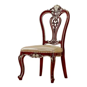 Luxury Home Furniture Solid Wood Dining Room Chair European Design High Back Wooden and Leather Antique Dining Chair