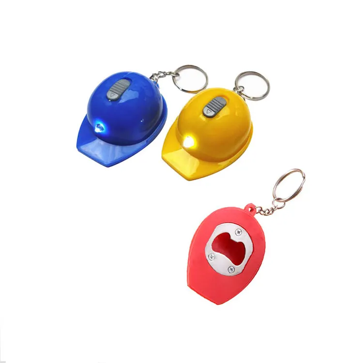 Fashion 3 in 1 Hard hat helmet shape led keychain /Safety casque cap key chain with bottle opener
