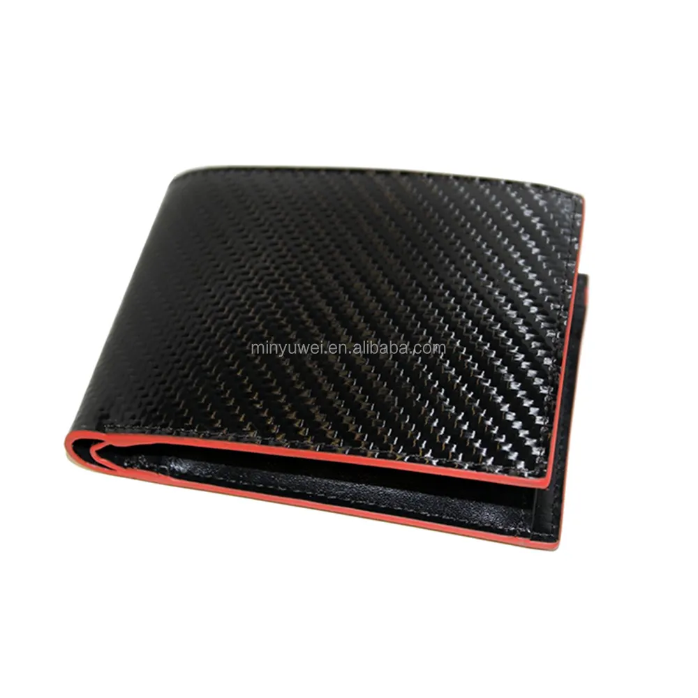 RFID karbon fiber deri erkek cüzdan ile kırmızı yağ rengi kenar