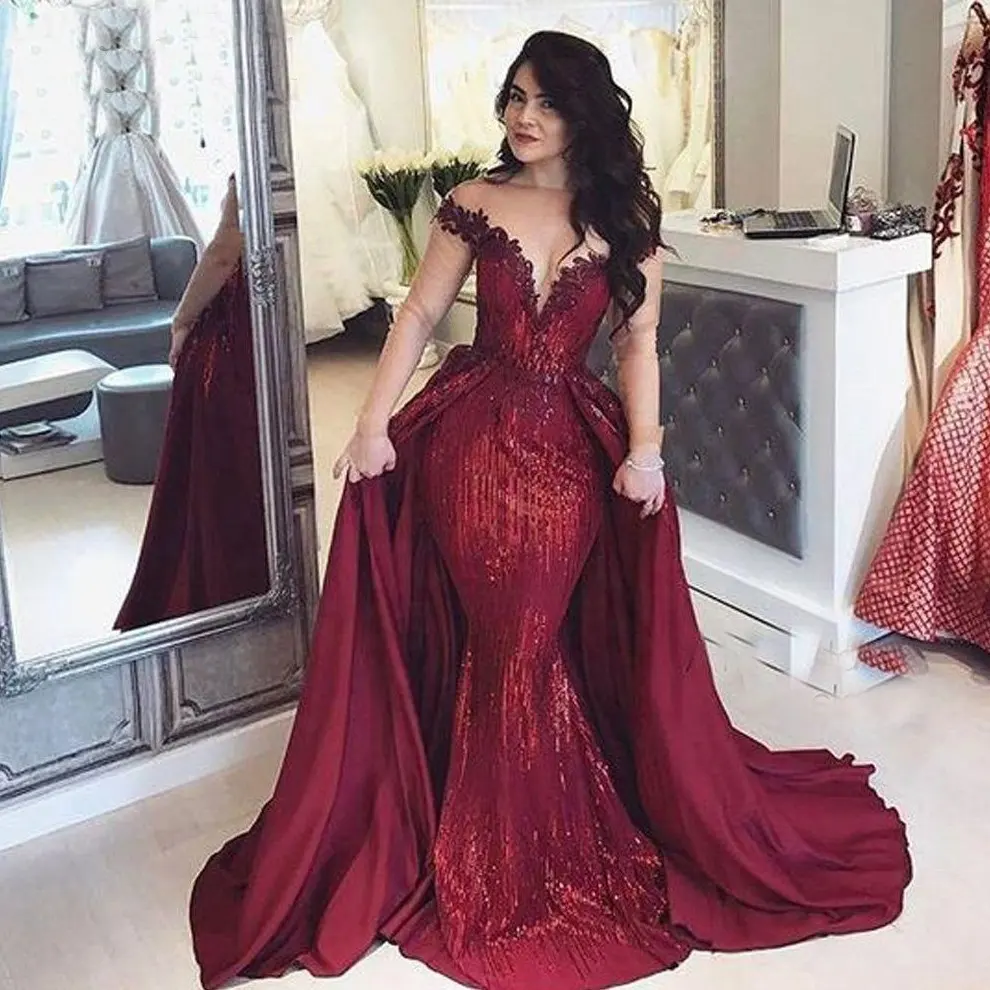 Mewah Formal Kualitas Tinggi Merah Anggur Dilepas Kereta Mermaid Prom Dress