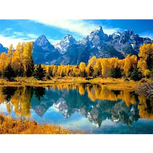 Pintura de outono natural lago e montanha, imagem diy pintura adulta por números para decoração de sala de estar