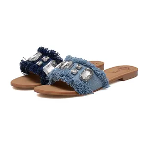 Nieuwe collectie groothandel meisjes dames mode schoenen nieuwe ontwerp denim platte slippers