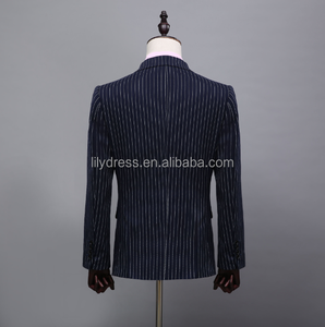 Trajes de Lana Azul Personalizados con Doble Botonadura y Rayas Blancas, Ropa <span class=keywords><strong>para</strong></span> Niña, Imágenes de Abrigo y Pantalón (Abrigo+Pantalón+Chaleco) NA02, Trajes de Novio <span class=keywords><strong>para</strong></span> Hombre - Product Image 3
