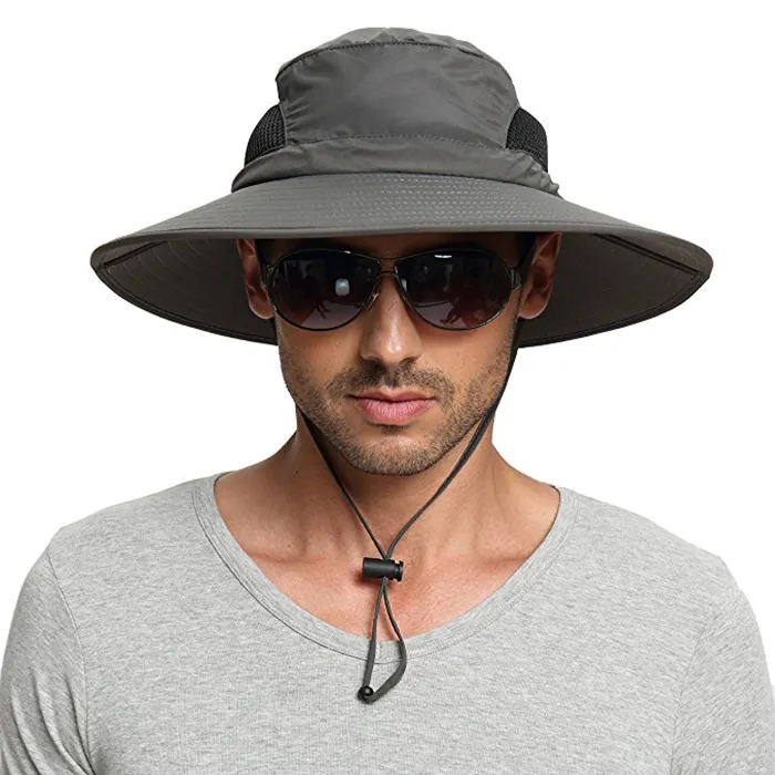 Topi Ember Boonie Pancing Tahan Air Kustom Topi Matahari Nelayan Tepi Lebar UV dengan Tali Topi Matahari untuk Perlindungan Pria Jumlah Besar