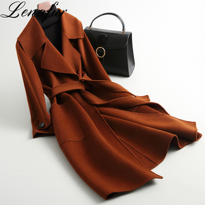 2021 Fashion Custom Made Wholesale Loose Long Wrap-Tie <strong>Belt</strong> Double Faced 100% Lamb Sheep Cashmere <strong>Wool</strong> Fur <strong>Coat</strong> for Women - Product Image 1