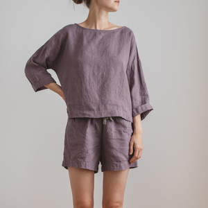 <strong>Women</strong> Pyjamas <strong>Linen</strong> <strong>Top</strong> and Shorts Set Ladies <strong>Linen</strong> Blouse and Shorts Pajama Set - Product Image 3