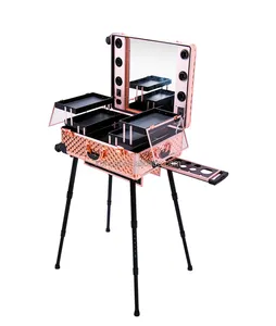 Caja de maquillaje con soporte giratorio de fábrica, caja con luces profesionales, carrito de belleza para artista, KC-210 oro rosa