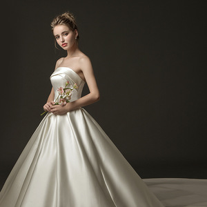 Đơn Giản Trắng Satin Bridal Gowns Bóng Gown Dài Train <span class=keywords><strong>Wedding</strong></span> Dress - Product Image 6