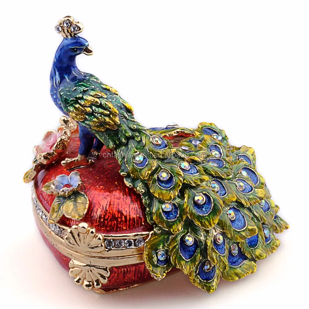 Nieuwe Pauw Trinket Sieraden Doos Dier Beeldje Faberge Russische Vintage Decoratie Metalen Ambachten Tafelblad