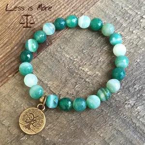 Mannen Facet Groen Patroon Agaat "Balance" Armband Met Bronzen Boom Charm