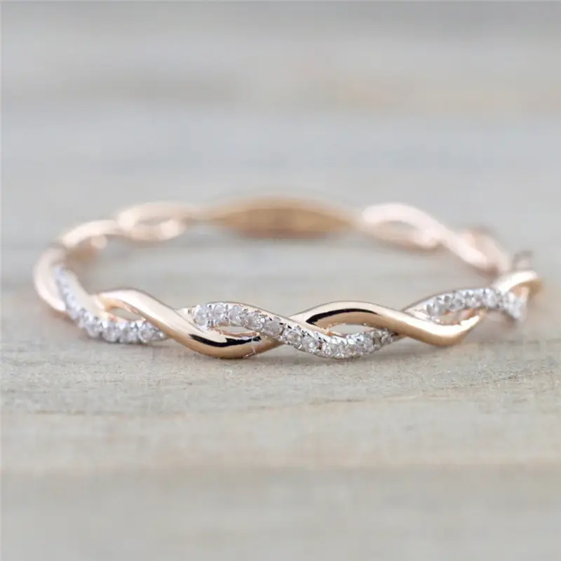 Rose Gold Color Twist Classical Cubic Wedding Engagement Ring for Woman Girls Austrian Crystals