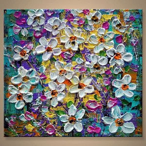 Dipinto Acrilico <span class=keywords><strong>su</strong></span> <span class=keywords><strong>Tela</strong></span> con Fiori Bianchi Astratti e Texture per Decorazione <span class=keywords><strong>Soggiorno</strong></span> - Product Image 3
