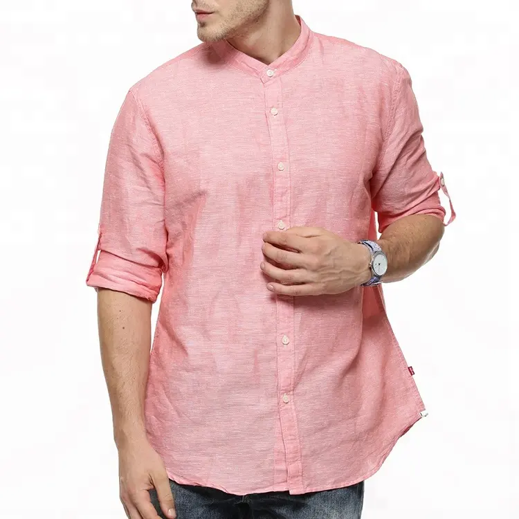 Camisa macia e curvada com botão frontal, camisa masculina de algodão e linho sem gola com botão