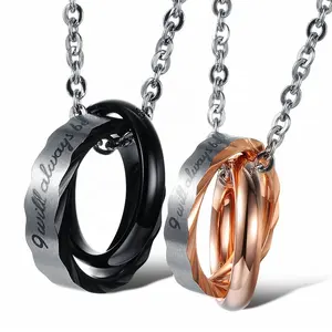 MECYLIFE Rose Gold Black Interlocking Rings Necklace Couple Necklace Best Friend Gift Stainless Steel Couple Jewelry