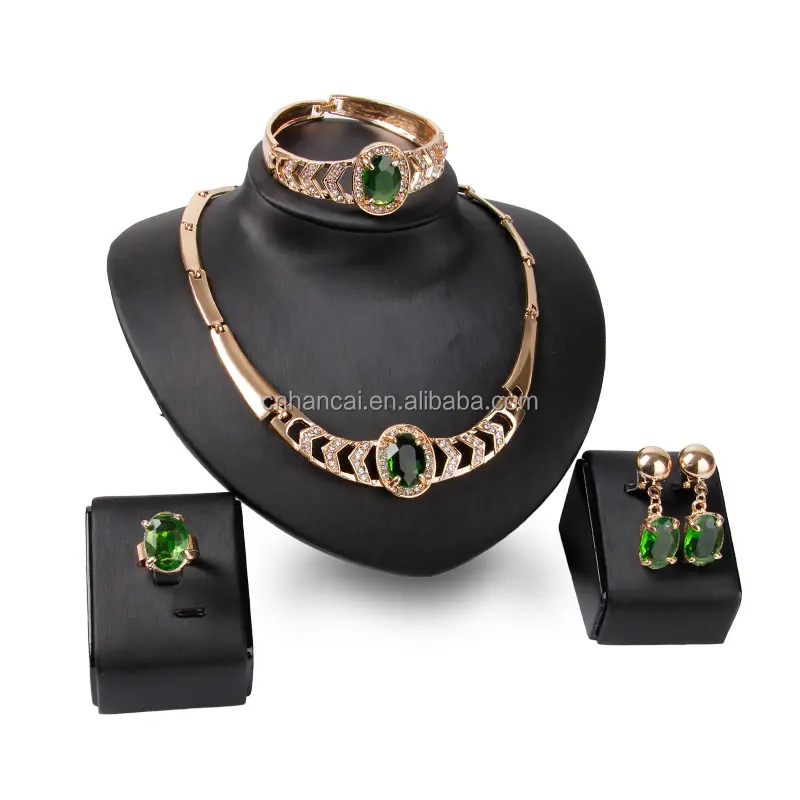 Green Crystal Stone Costume Bridal Golden Jewelry Sets Wedding Luxury Jewelry Women Earrings Ring Bracelet Necklace Set Gift