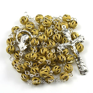 cobre latón de metal ahueca hacia fuera tallado cuentas redondas Virgen María pieza central Rosario collar religioso - Product Image 1