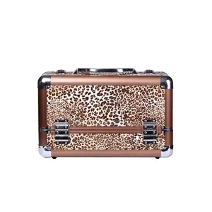 Scatola cosmetica professionale in <span class=keywords><strong>pelle</strong></span> e alluminio di grandi dimensioni in PVC con motivo leopardato Vanity porta la custodia per il trucco - Product Image 1