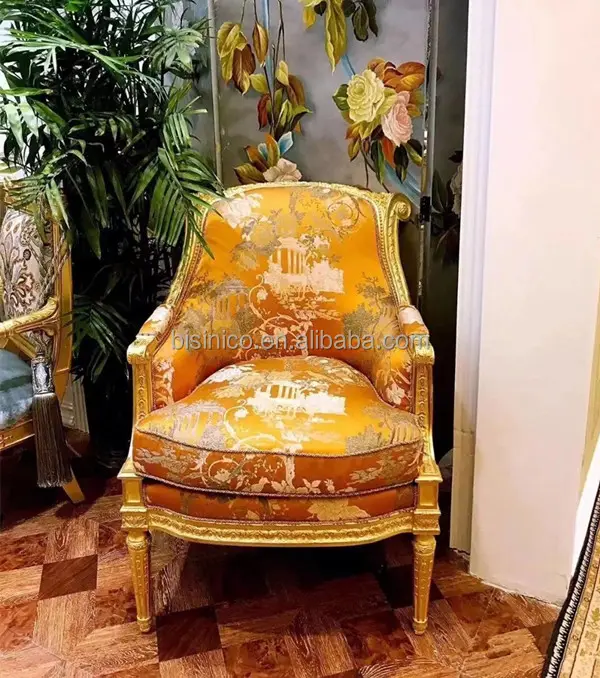 Luxus Vergoldung und Gold Button Tufted Einzels ofa, Retro-Stil Holz geschnitzte Möbel Wohnzimmer One Seat Sofa Set