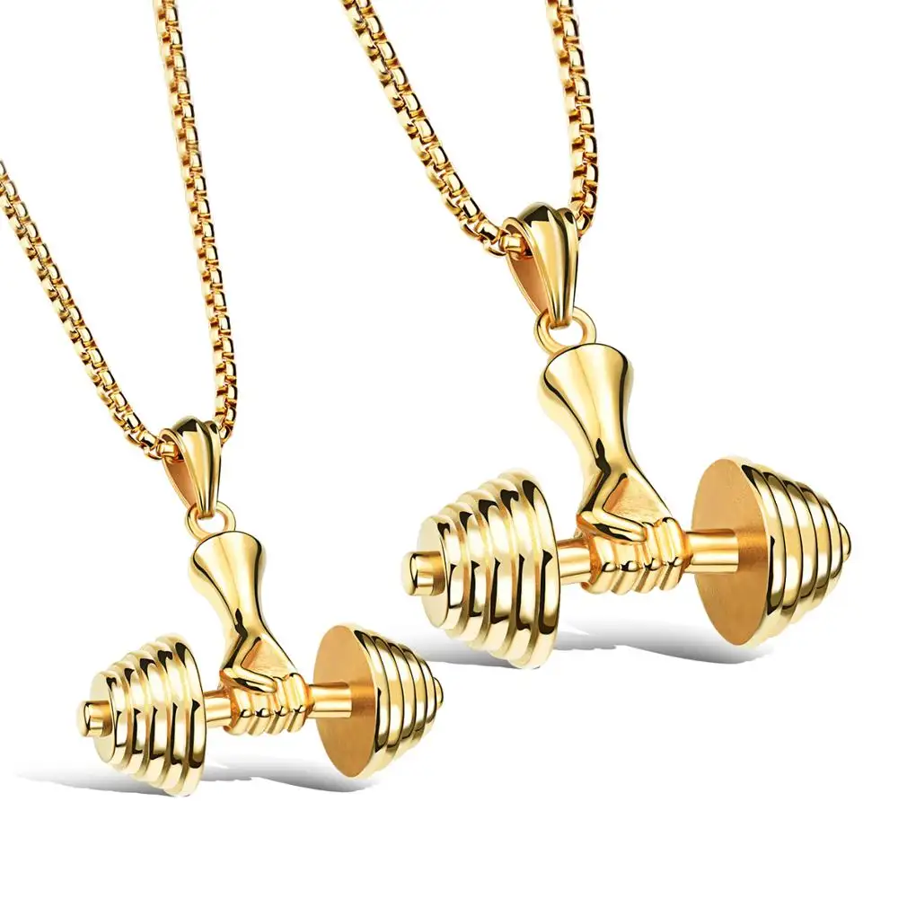 Fashion gold stainless steel fitness men dumbbell pendant necklace