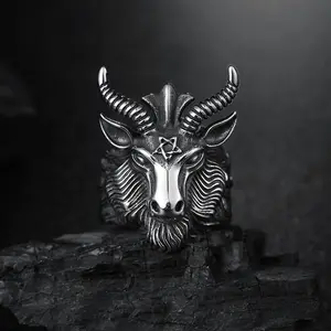 Fashion Big Ovino Caprino Corno Anello Testa di Culto di Satana Baphomet ariete Zodiaco Wicca Stella Per Gli Uomini Unique Biker Punk Animale gioielli