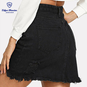 Precio de fábrica Lady Frayed Hem Ripped Short Black Denim <span class=keywords><strong>Falda</strong></span> - Product Image 3