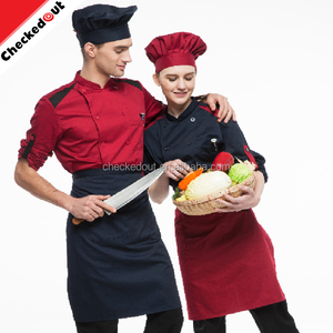 Encargo al por mayor cruzado negro rojo manga larga capa de la cocina chef profesional chaqueta - Product Image 3