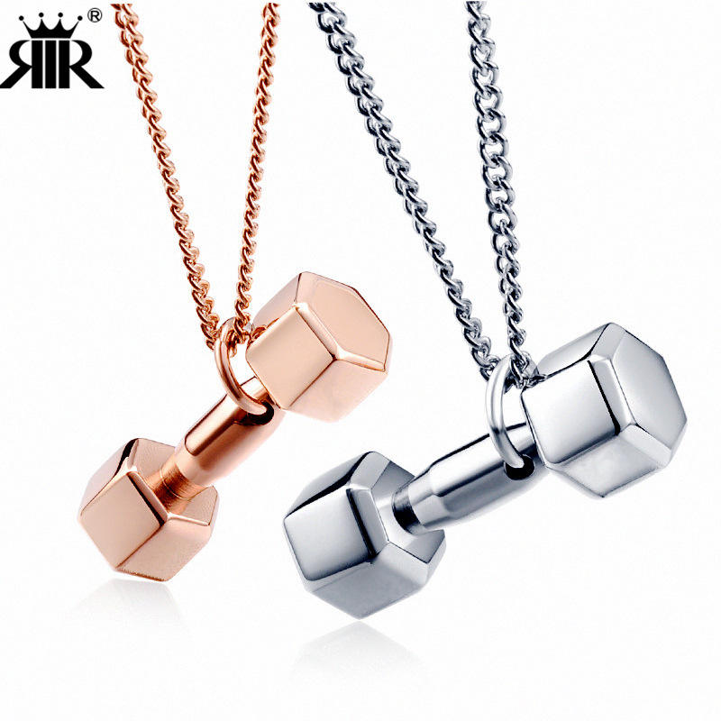 Fashion Sport Fitness Jewelry High Polish Rose Gold Stainless Steel Barbell  Pendant Dumbbell Necklace for Women and Men