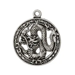 Оптовая продажа, античный серебряный круглый Восточный медальон дракона, подвеска, символ цепи