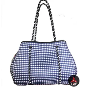 Fashion Printing Gingham Beach Handbag Lady Shopping Tote With Punched Hole Bag Neoprene Perforated Hand Bag