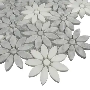 Pola Bunga Putih Carrara Waterjet Marmer Mosaic untuk Backsplash Dapur