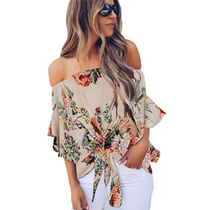 Full Stock Floral Tie Front High Low Chiffon Tops and Off Shoulder Sexy Blouses