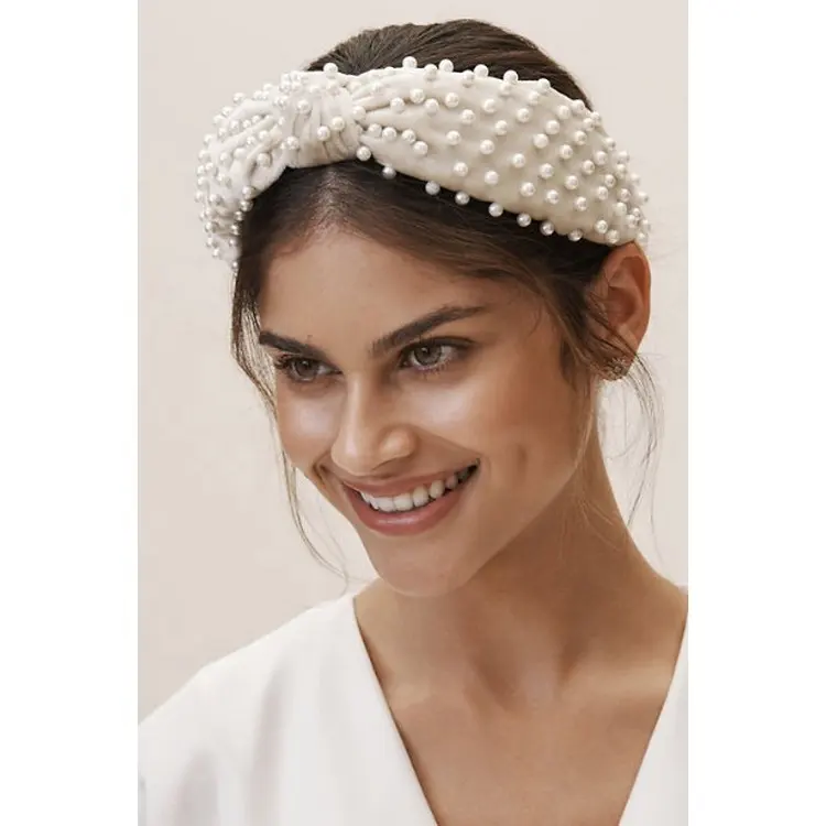 Women Girls Fashion Hair Head Band Accessaries Wide Padded Velvet Twisted Cross Knot Velvet Faux Pearl Headband with Rhinestones