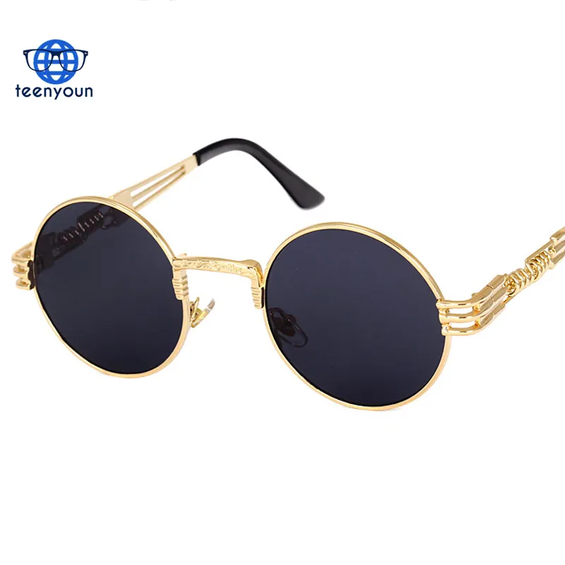 vintage retro steampunk mirror sunglasses gold and black sun glasses vintage round circle Sunglasses men UV400