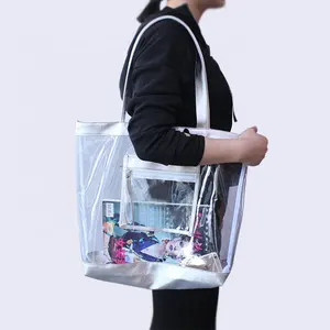 Fornitori della cina impermeabile IN PVC trasparente Borse da Donna Tote Borse Da Spiaggia tote con il sacchetto di cuoio