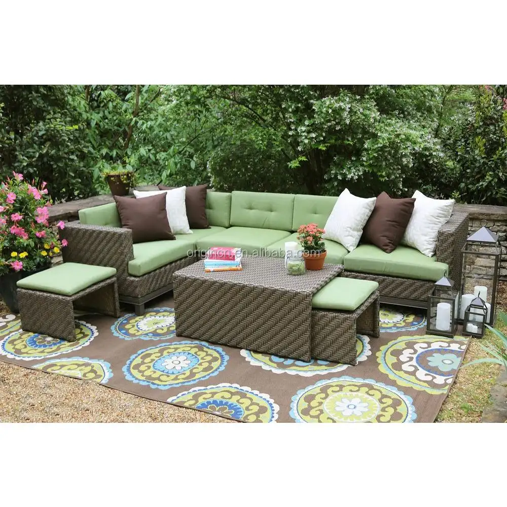 Muebles de jardín al aire libre, juego de taburetes de ratán acolchados ocultos con combinación de colores verde y marrón de 7 plazas