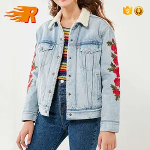 Veste en Denim col en fourrure Rose brodée pour femme, nouveau modèle, collection d'hiver